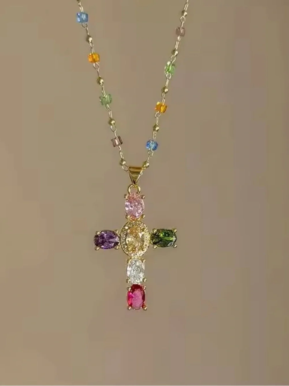 Gold Cross Pendant Necklace with Multicolor Gemstones